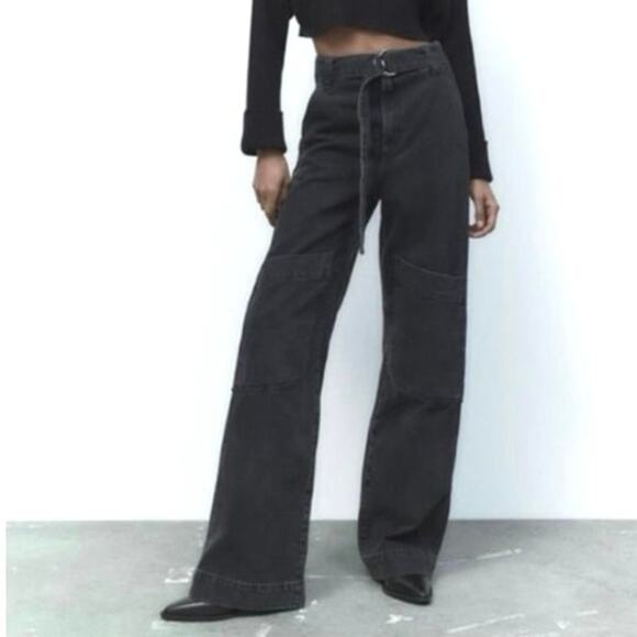 Zara Cargo Utility Belted Denim Jeans High Rise Wide Gray Sz2 belt not included - Picture 2 of 16